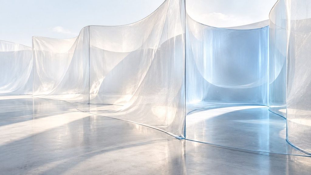 Translucent architectural partitions creating distinct shared and isolated spaces, representing tenant isolation in cloud architecture.