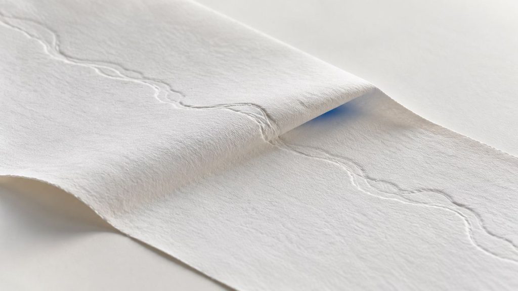 White textured paper with a continuous embossed trace crossing a fold, illustrating data continuity during a cloud database migration cutover.