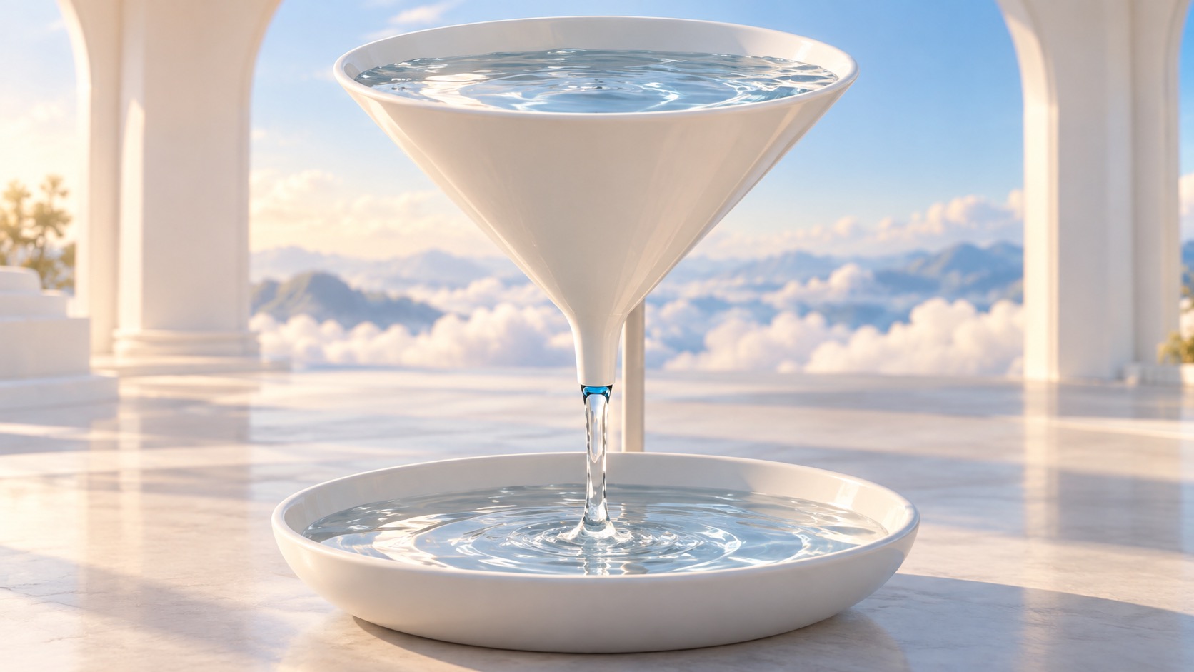 Cloud autoscaling limits illustrated by a water-filled porcelain funnel releasing a narrow stream into a basin.
