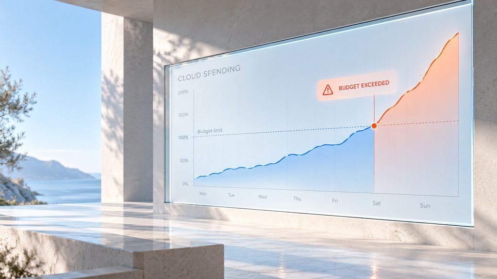 A cloud spending chart rises above the budget limit and continues climbing despite a “Budget Exceeded” warning on a glass display in a bright, minimalist interior.