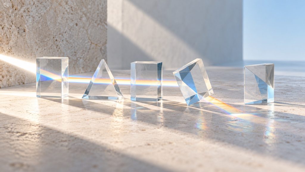 A sequence of translucent prisms on a pale surface, with one misaligned prism interrupting the passage of daylight.