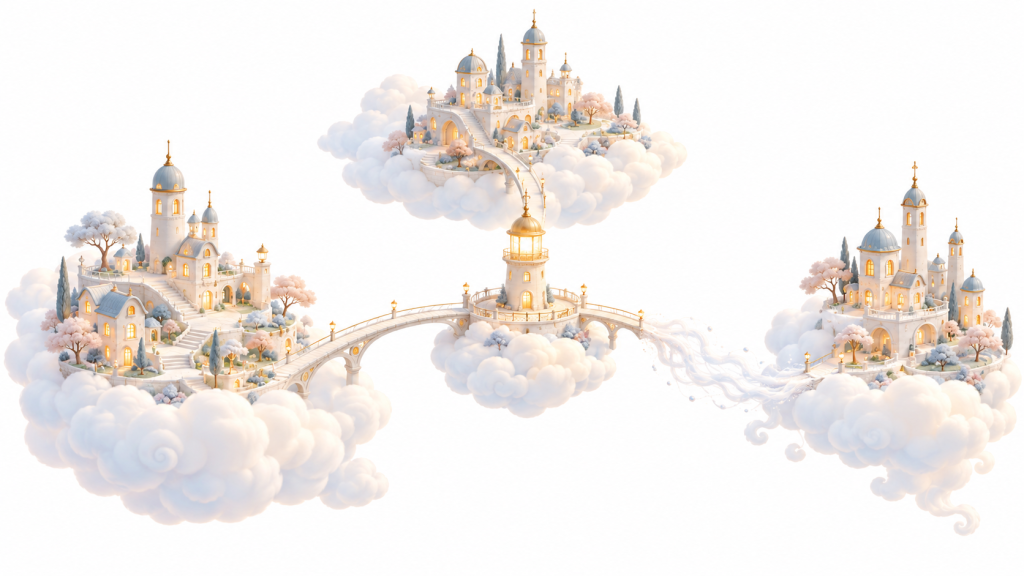 Three white fairy-tale towns on clouds are linked to a shared lighthouse by bridges; one bridge dissolves into the air.